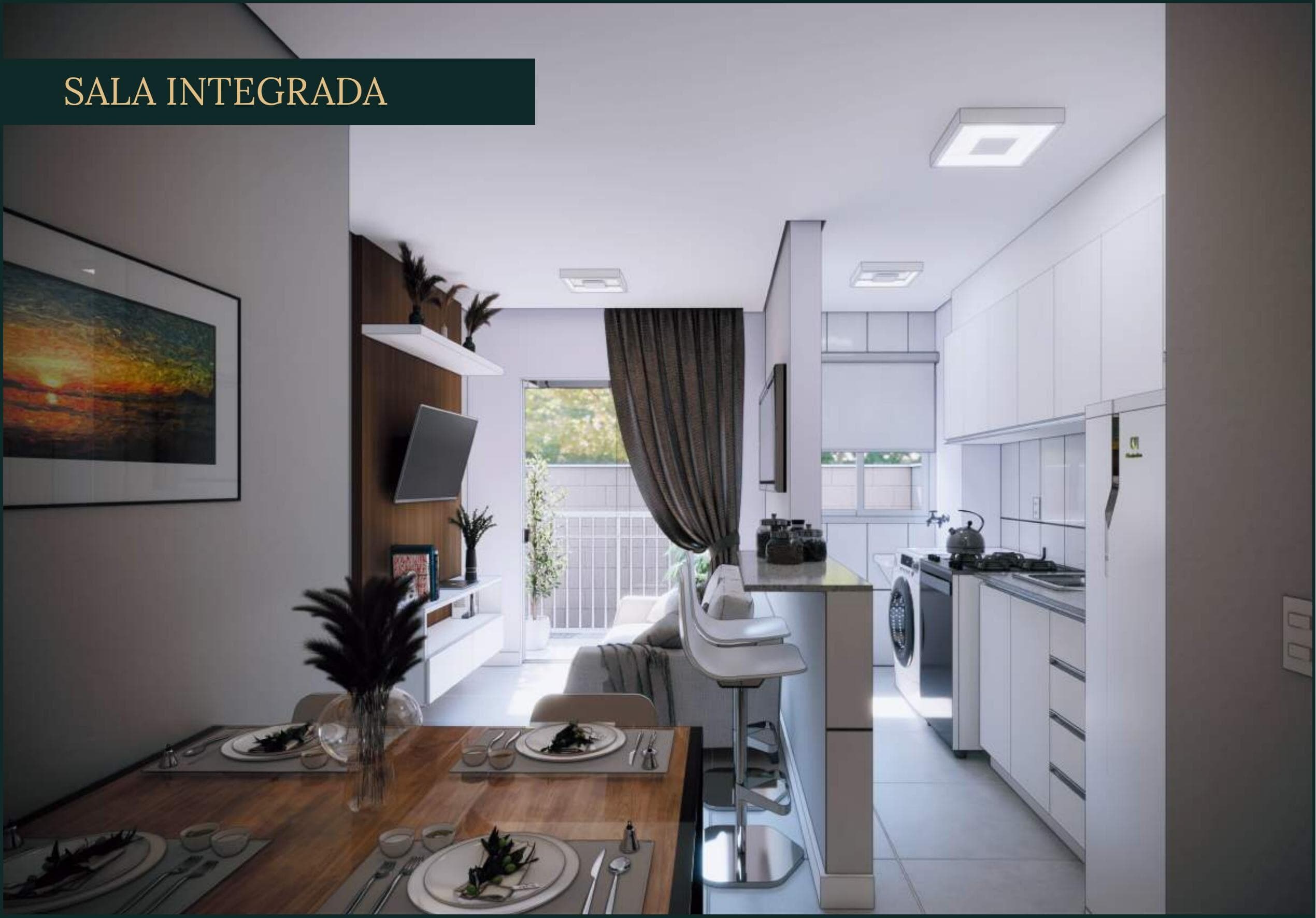 Sala integrada com cozinha americana